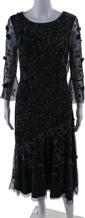 Theia Womens Navy Floral Detail Beaded Crew Neck Long Sleeve Shift Dress