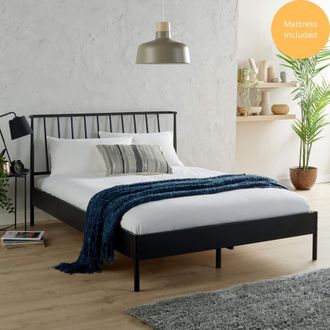 Home Source Industries Metal Frame Bed & Mattress Bedroom Furniture Headboard Black | Size: Small Double