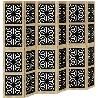 vidaXL Room Divider 6 Panels Brown and Black Solid Wood Paulownia Vidaxl