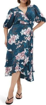 City Chic Bea Floral Midi Wrap Dress in Jade Blossom at Nordstrom Rack, Size Xl/22W