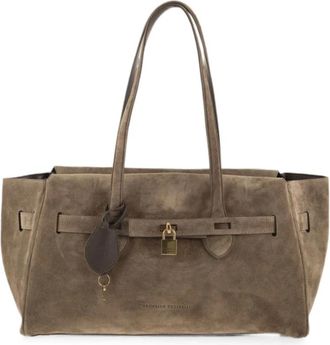 Brunello Cucinelli Tassen, Dames, Beige, ONE Size, Su&egrave;de, Su&egrave;de Schoudertas met Slotdetail