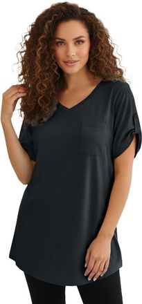 Roaman's Plus Size Slub V Neck Boyfriend Tunic Top in Black at Nordstrom, Size Medium