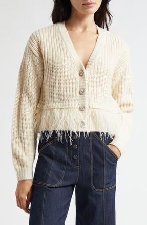 Cinq &agrave; Sept Krissi Embellished Button Feather Trim Cardigan in Gardenia at Nordstrom Rack, Size X-Small