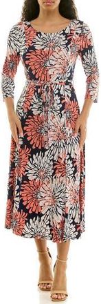 Nina Leonard Sylvia Printed Tie Waist Midi Dress in Navy/coral Multi at Nordstrom Rack, Size X-Large