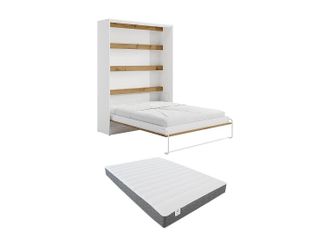 Vente-Unique Cama abatible 160 x 200 cm - Apertura vertical manual - Con LEDs - blanco y natural + Colch&oacute;n - RAPILI