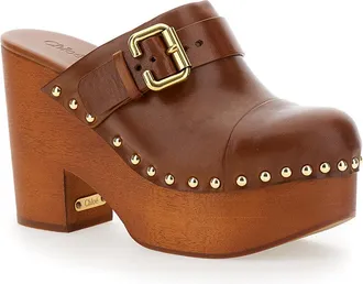 Chlo&eacute; Womens Wedge Clogs Jeanette Brown Leather Calfskin Shoe