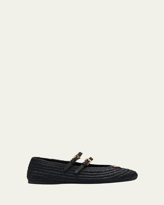 Prada Stuoia Raffia Dual Mary Jane Ballerina Flats