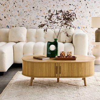 Sweeek Coffee Table With Sliding Doors & Grooved Wooden-effect Compartments in Light Brown