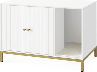 FEANDREA Armario para gatos con patas altas de color blanco y dorado