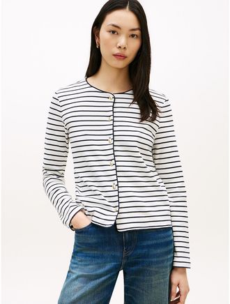 Tommy Hilfiger Womens Stripe Cotton Interlock Cardigan T-Shirt - White - XXL
