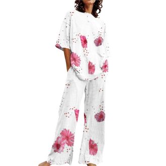 Generic Wide Leg Loungewear Sets For Women Uk Tall - Womens Pyjamas Set Plus Size - Loose Fitting Nighties Pajamas With Pockets Sleepwear Short Sleeve Nightgo