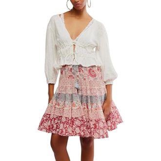 Free People Lets Go Top Womens Ivory Linen Blend Tie Front Blouse DDR2853