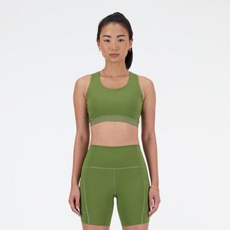 New Balance Mujer NB Sleek Medium Support Pocket Sports Bra en Verde, Poly Knit, Talla L