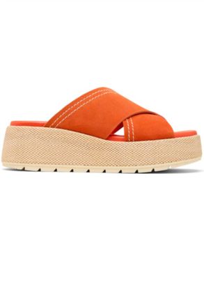 Sorel Womens Sunpeak Platform Slide Sandal In Crimson Fire, Honey White
