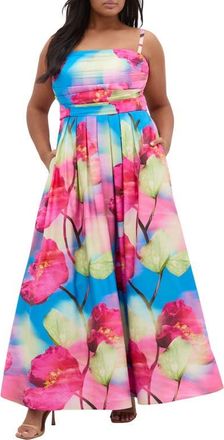 City Chic Rosalee Floral Maxi Dress in Azure Bloom at Nordstrom, Size Xxxs