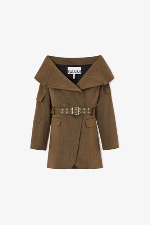 Ganni Canteen Blazer in Brown Wool Melange - Size 10/12 Recycled