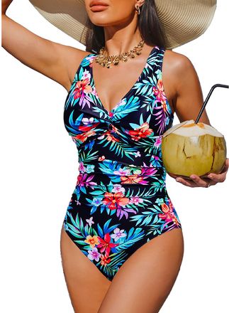 Holipick Women Tummy Control One Piece Swimsuit - Push Up Bathing Suit Full Coverage Slimming Swimwear, Multi Floral, Large