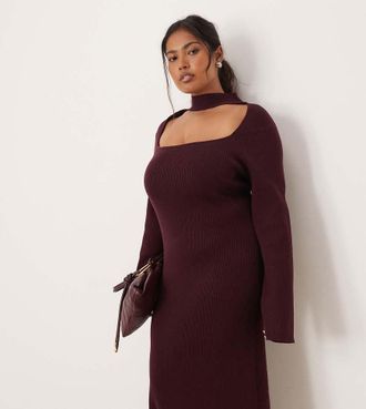 Pretty Lavish Curve Vestito al polpaccio in maglia color vinaccia con cut-out-Rosso