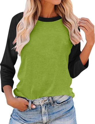 Generic 3/4 Sleeve T-Shirts for Women UK Fashion Colour Block Raglan Sleeves Baseball Tee Shirts Spring Summer Fall Tops Casual Loose-fit Crew Neck Tshirt Blo