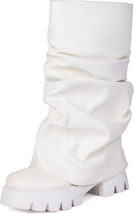Generic Womens Knee High Boots Fold Over Slouchy Runched Boot Platform Heel Stretch Pull on Wide Calf Boots Round Toe Boot White