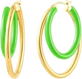 Gold & Honey Womens Enamel Double Oval Hoop Earrings In Neon Green