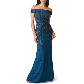 Adrianna Papell Beaded Off the Shoulder Crepe Mermaid Gown in Deep Blue at Nordstrom, Size 14