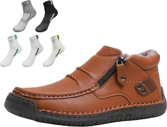 Generic Mens Handmade Premium Leather Slip-On Driving Boots, Side Zipper Non-slip Wide Toe Flat Shoes, For Hiking,Walking,Travel (2-4 Cotton,12.5)