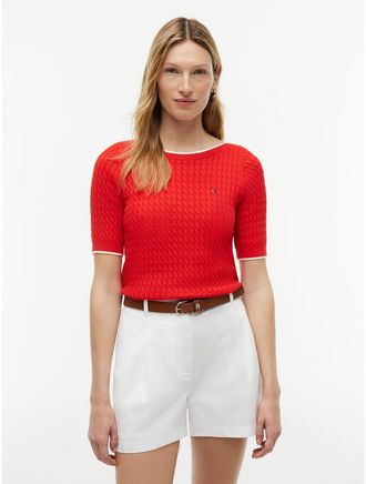 Tommy Hilfiger Womens Cable Knit Boatneck Sweater - Fire Red - XL