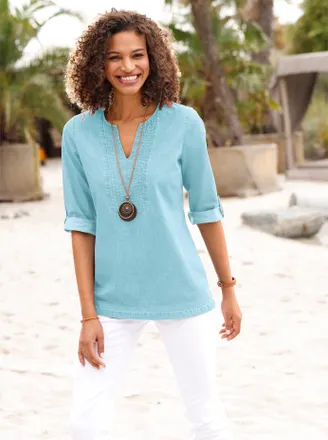 Casual Looks Jeansbluse CASUAL LOOKS, Damen, Gr. 36, gr&uuml;n (mint), 100% Baumwolle, unifarben, Rundhals, Blusen Jeansbluse