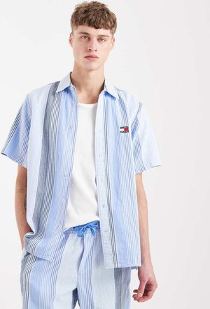 Tommy Jeans Camicia comoda a maniche corte blu a righe in coordinato