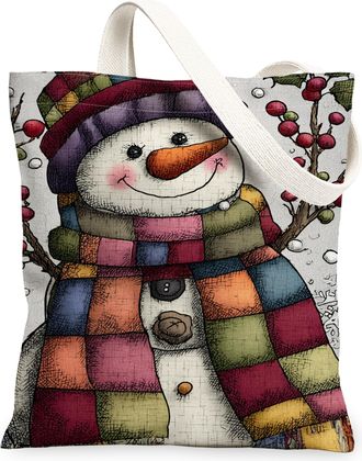 Generic Winter Snow Man Canvas Tote Bags, Colorful Holiday Design Reusable Grocery Bags, Vintage Lightweight Washable Shoulder Stra, Multicolor, 13x15 Inch
