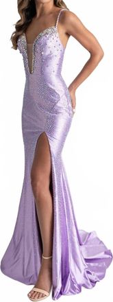 Rachel Allan Glistening Crystal V-Neck Prom Dress In Lilac