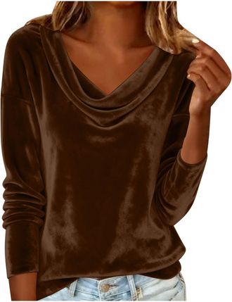Generic Velvet Tops for Women UK Elegant Cowl Neck Pleated Blouse Ladies Long Sleeve Flared Cuff Tunic Top Casual Going Out Fashion Solid Color Dressy Shirts 