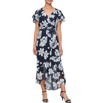 S.L. Fashions Floral Flutter Sleeve Faux Wrap Dress in Navy Multi at Nordstrom Rack, Size 8