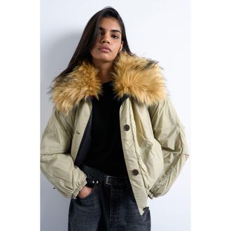 Topshop Reversible Bomber Jacket with Faux Fur Collar in Medium Green at Nordstrom Rack, Size Large