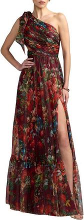 Mac Duggal Floral One-Shoulder Cutout Chiffon Evening Gown in Wine Multi at Nordstrom, Size 6