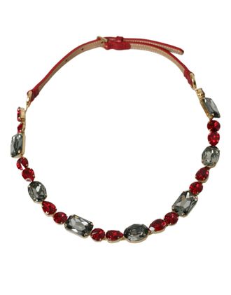 Dolce & Gabbana Kristallen Ketting Leren Band Rood Grijs