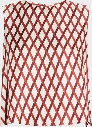 Adam Lippes Mercer Diamond Grid Print Silk Twill Top