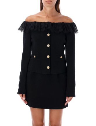 Alessandra Rich Black Off-the-shoulder tweed Blazer
