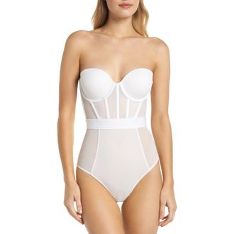 DKNY Sheers Strapless Underwire Bodysuit in White at Nordstrom, Size 34Dd
