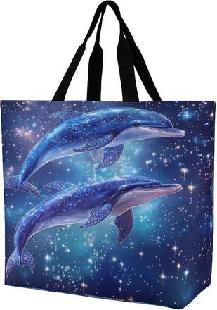 Generic Dolphins Glitter Large Reusable Shopping Bag Lightweight Foldable Tote Bags Washable Shoulder Handbag