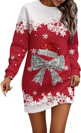 Generic Christmas Dresses for Women Ladies Christmas Dress Long Sleeve Jumper Dress for Women UK Round Neck Xmas Graphic Print Women Dresses Winter Casual Dre