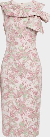 Badgley Mischka Bow-Front Metallic Jacquard Midi Sheath Dress