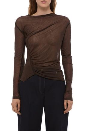 Helmut Lang Ruched Asymmetric Hem Cotton Top in Bistre at Nordstrom, Size Xx-Small