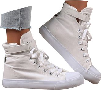 Generic Womens High Top Canvas Sneakers Fashion Lace up Casual Walking Shoes Platform Slip On Sneakers for Women Flat Ankle Boots Round Toe Lightweight Non Sl