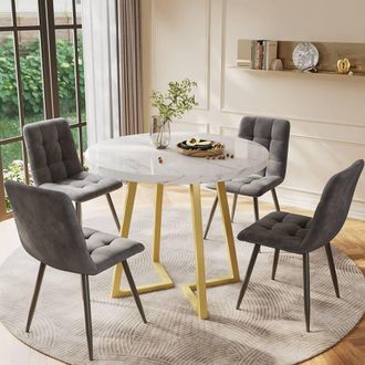 Merax Round Marble Effect Dining Table with Gold Legs & 4 Velvet Chairs in Grey