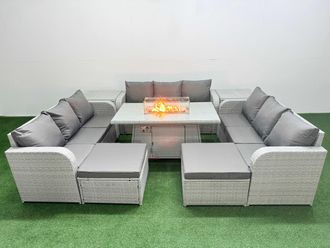 Fimous PE Rattan Lounge Sofa Set 11 Seater Outdoor Garden Furniture Set w/ Firepit Dining Table 3 Seater Sofa 2 Big Footstools 2 Side Table Light Grey