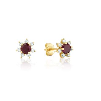MAX + STONE 14k Yellow or White Gold Gemstone and 4mm Diamond Flower Halo Stud Earrings