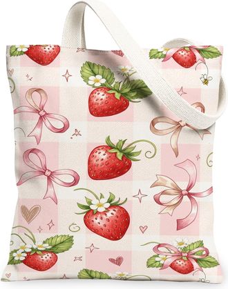 Generic Strawberry Floral Canvas Tote Bags, Vintage Plant Pattern Reusable Grocery Bags, Lightweight Washable Shoulder Strap Canvas, Peach, 13x15 Inch