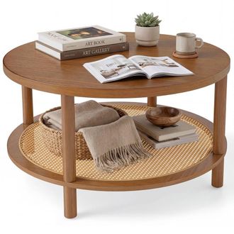 Costway Costway Rattan Coffee Table 2-Tier Round Center Table with Wood Veneered Top in Brown
